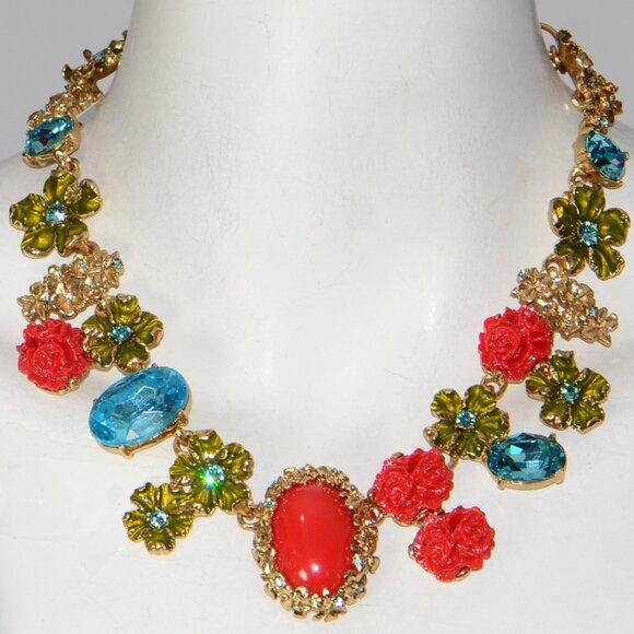 Oscar de la Renta Red Resin and Crystal Bouquet Necklace - Picture 1 of 6